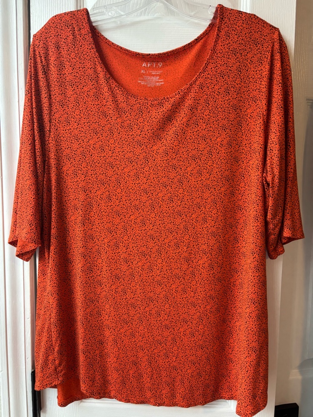 XL Apt. 9 Essentials Orange Black Dots Stretch Blouse Top Scoop Comfy Spandex - Picture 3 of 7